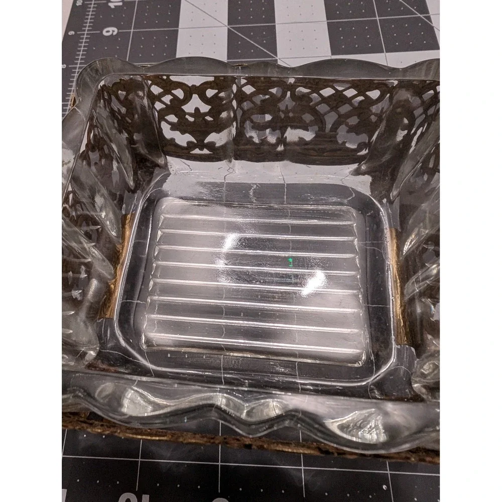 Hollywood Regancy Romance Style Crystal Glass Brass footed lidded dish unbranded
